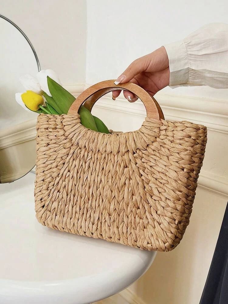 Medium Straw Bag Khaki Double Handle For Vacation | SHEIN