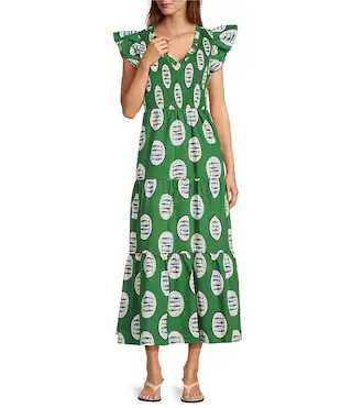 Tropical Sunfire Printed V-Neck Sleeveless Tiered A-Line Maxi Dress | Dillard's