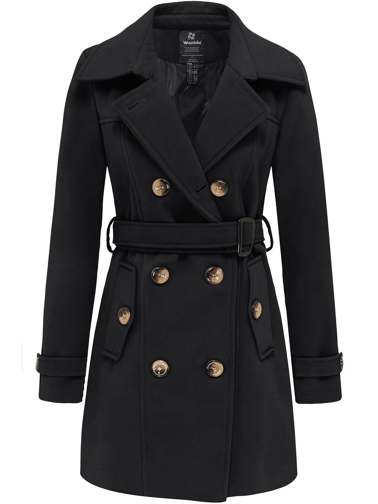Wantdo Women's Double Breasted Pea Coat Winter Mid-Long Trench Coat with Belt Black Size S - Walm... | Walmart (US)