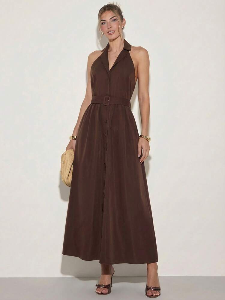 COSMINA Women's Brown Sleeveless Collared Midi Dress, Casual Vacation Dress, Chocolate Dress, Solid Color Dress, Elegant Dresses For Women, Vacation Outfits Women, Summer Vacation Outfits, Holiday, Casual Dresses For Women, Valentine's Day, Valentines Day Dress, Old Money Dress, Spring Outfit Women, Spring Dress, From Spring To Summer, Summer Clothes, Summer Dresses, Shirt Dress With Pockets, Dress With Pockets, Party Dress, Wedding Guest Dress | SHEIN