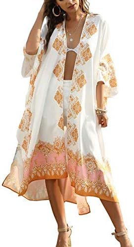 Women's Swimsuit Cover Ups Beach Casual Cardigan Kimono Boho Style Polka Dot Print Chiffon Blouse | Amazon (US)