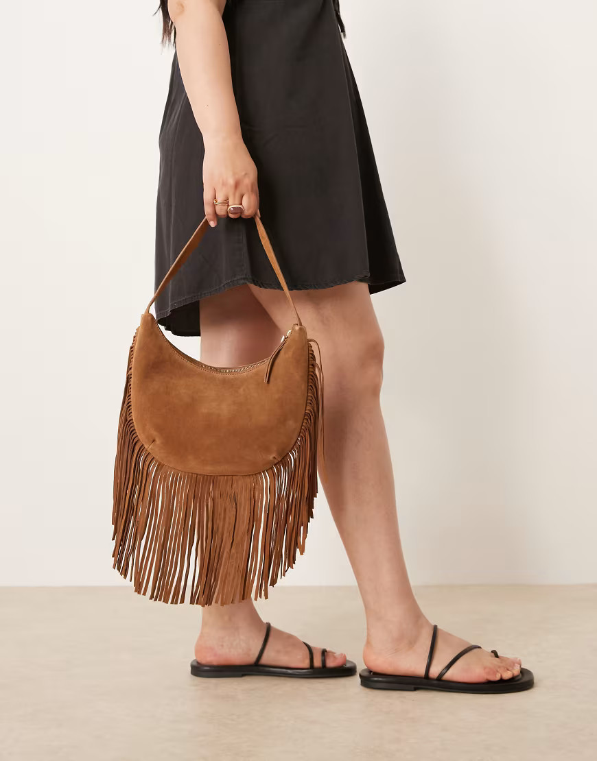 Accessorize suede leather fringe scoop shoulder bag in tan-Brown | ASOS (Global)