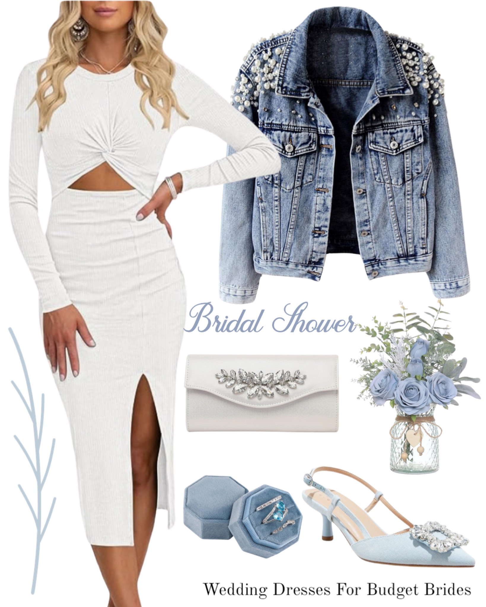 Bridal shower outfit idea for the bride to be. 

White midi dress. Blue high heels. Women’s clothing. Dressy outfit. Amazon dress. Event dress. White clutch. Bride to be accessories. Semi formal dresses. Pearl denim jacket. Engagement photo shoot dress. Wedding heels. Wedding shoes. Amazon wedding.

#LTKwedding #LTKstyletip #LTKSeasonal