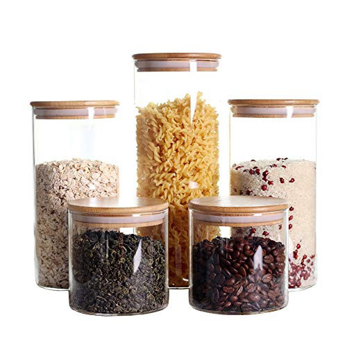 LEAVES AND TREES Y Stackable Kitchen Canisters Set, Pack of 5 Clear Glass Food Storage Jars Containers with Airtight Bamboo Lid for Candy, Cookie, Rice, Sugar, Flour, Pasta, Nuts | Amazon (US)
