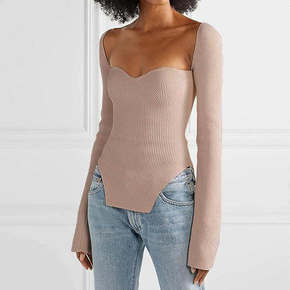Women's Square Neck Ribbed Knitted Sweater Long Sleeve Crop Slim Fitted Pullover Tops | Amazon (US)