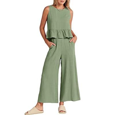 Prinbara Women's Summer 2 Piece Outfits Sleeveless Linen Crop Tank Top 2024 Vacati… | Amazon (US)