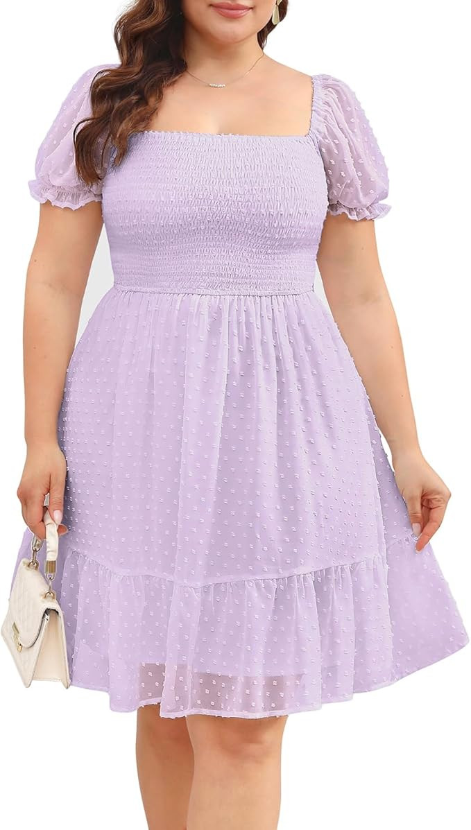 Women Plus Size Square Neck Puff Sleeve Babydoll Summer Chiffon Swiss Dot Flowy Short Smocked Dre... | Amazon (US)