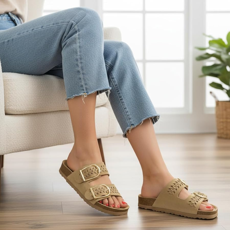 CUSHIONAIRE Cashew Slip On Womens Sandals, Genuine Suede Leather Braided Double Strap Slide On Sa... | Amazon (US)