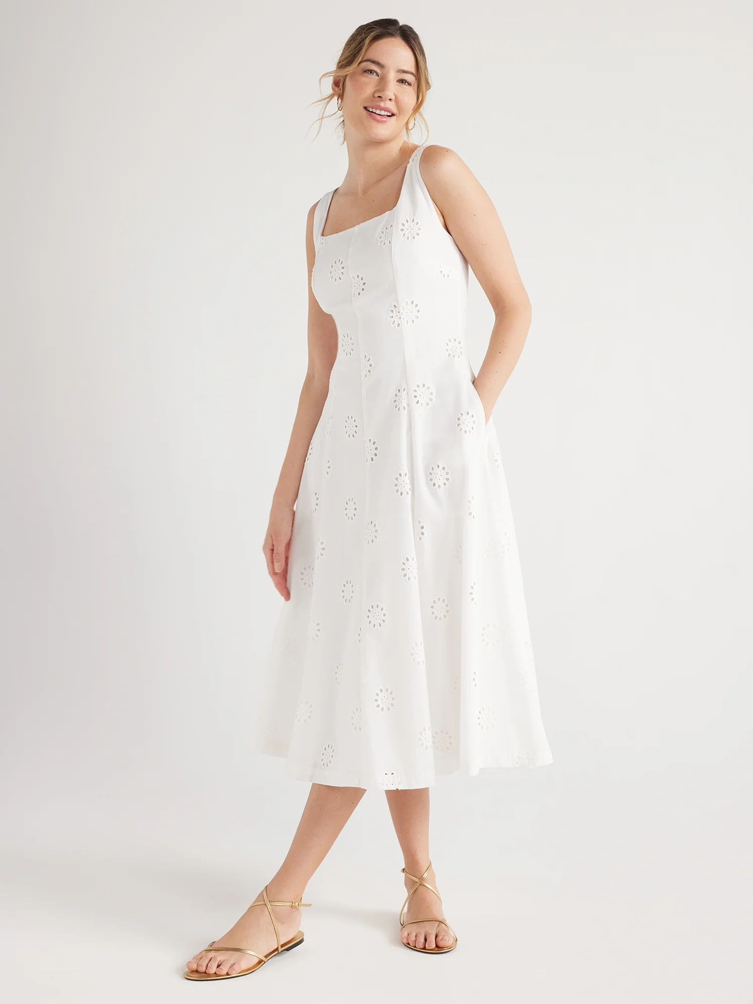 Free Assembly Women's Sleeveless Cotton Eyelet Panel Midi Dress, Sizes XS-XXL | Walmart (US)