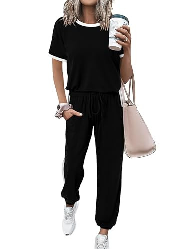 MASCOMODA Womens 2 Piece Outfits 2026 Summer Tracksuit Sets Short Sleeve Tops Travel Long Pants Jogger Lounge Set(Black,Medium) | Amazon (US)