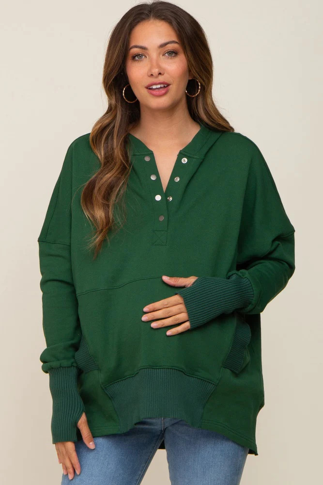 Cream Button Front Ribbed Trim Maternity Hooded Sweatshirt | PinkBlush Maternity