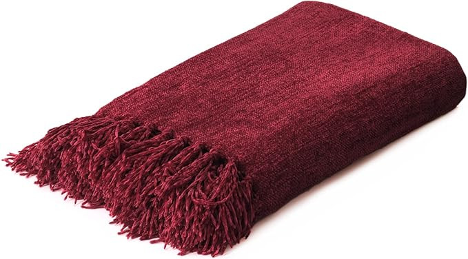Burgundy Red Chenille Throw Blanket for Couch Bed，Soft Cozy Throw Blanket with Handmade Fringe,... | Amazon (US)