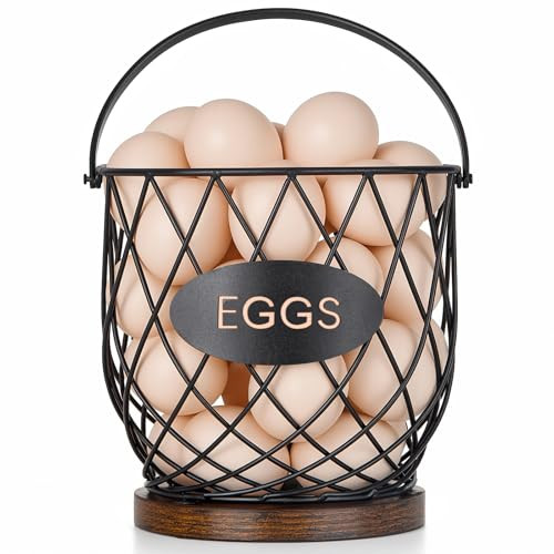 Banawey Chicken Egg Basket for Gathering Fresh Eggs with Metal Handle, Wire Egg Collecting Basket with Wooden Base, Round Egg Holder Countertop, Vintage Rustic Farmhouse Kitchen Decor Fruit Storage | Amazon (US)