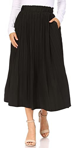 Pleated Black Skirts for Women with Pockets, Elastic High Waisted Black Midi Skirts Reg & Plus Size Womens Skirts Long Length (Large, Black) | Amazon (US)