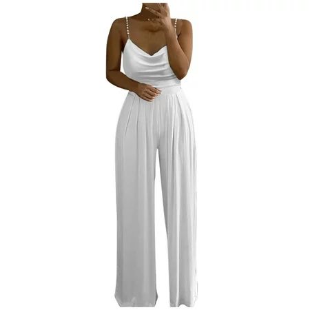 Follure autumn and winter casual trousers for ladies Women Soild Pearl Sling Top Wide Leg Pants Jump | Walmart (US)