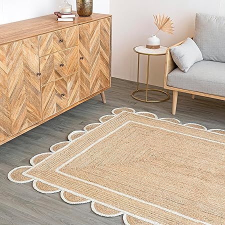 Scalloped Natural Jute Area Rug, Natural Base Off White Trim, 4x6 | Amazon (US)