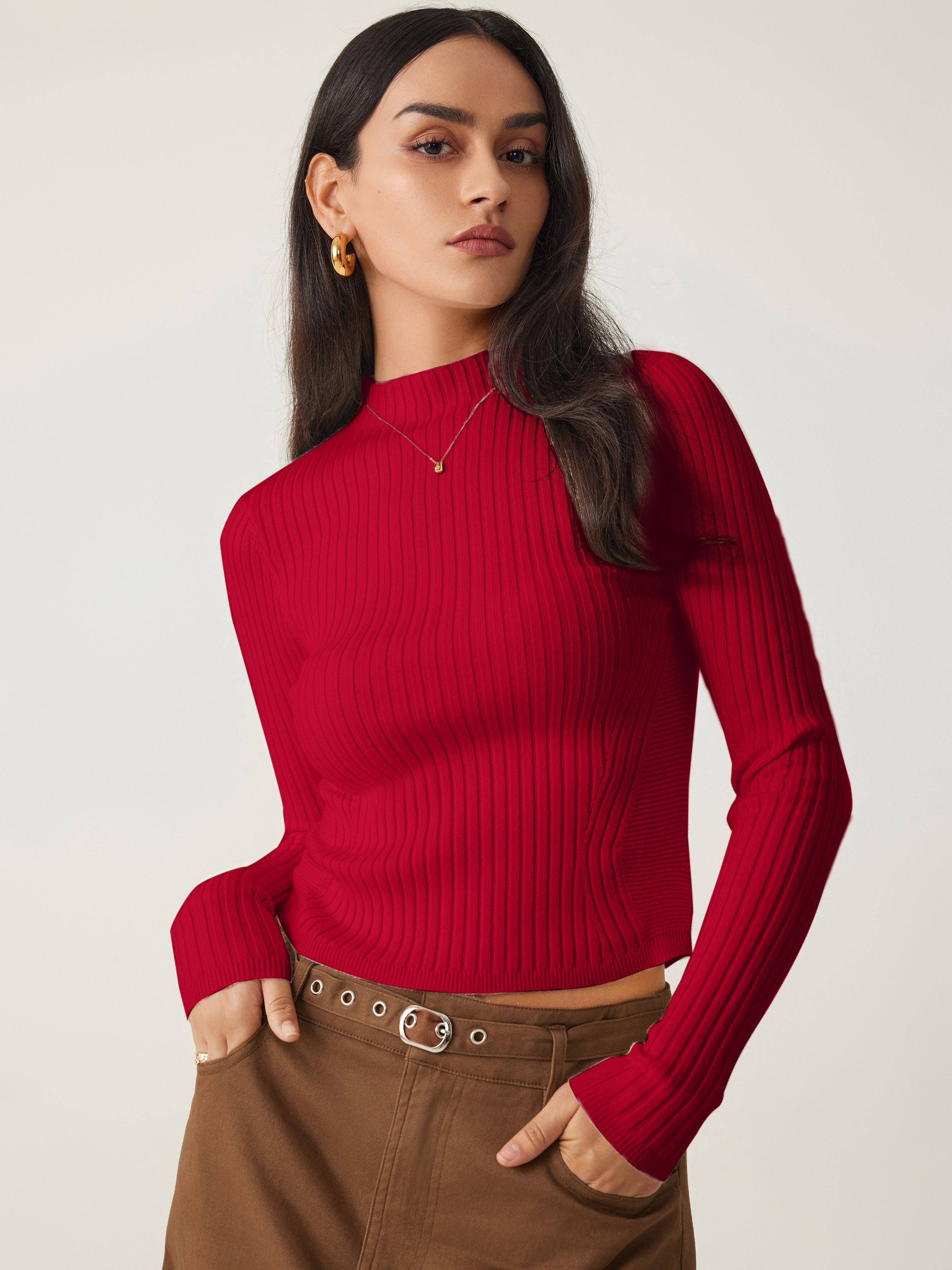 Basic & Thermal Countryside Core Knit Fabric Rib Knit Stand Neck Solid Long Sleeve Top For Daily ... | Cider