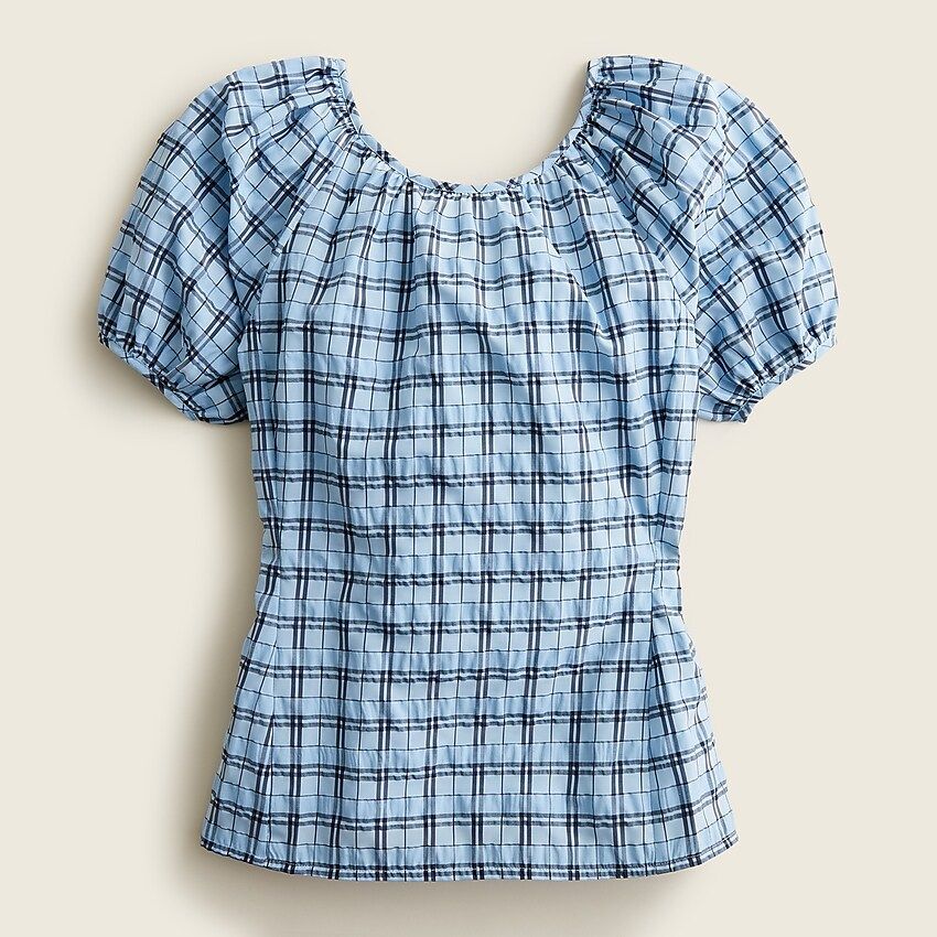 V-back puff-sleeve top in textured plaid | J.Crew US