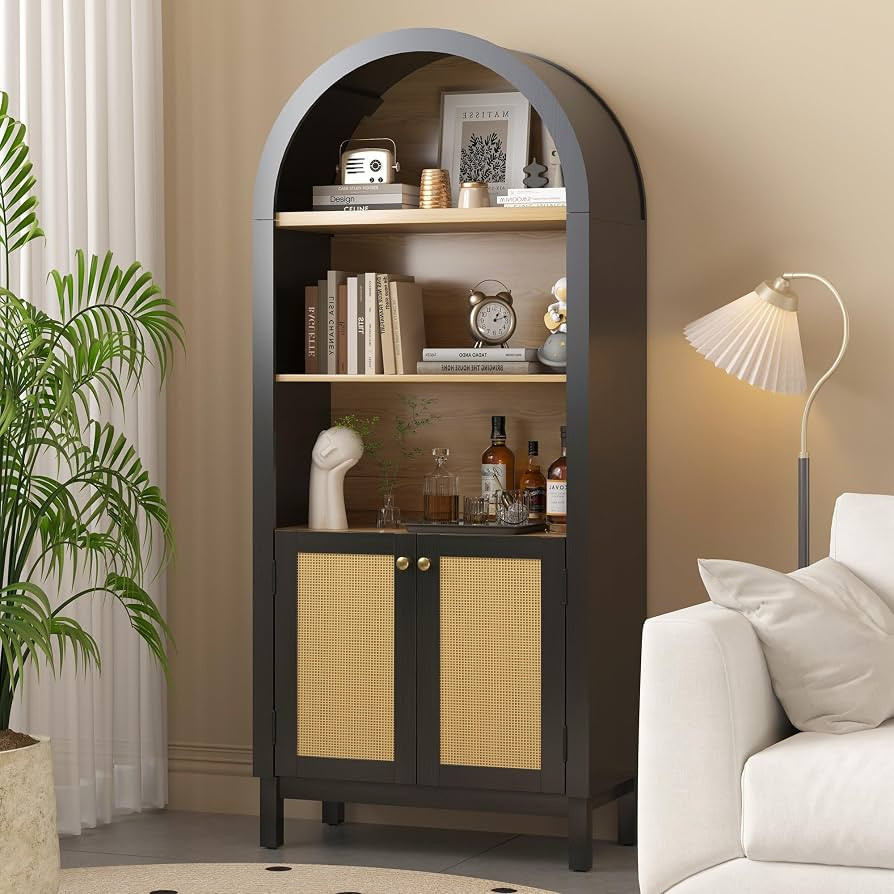 70" Tall Arched Cabinet, 5-Tier Arch Cabinet with Open & Adjustable Shelves, Rattan Door & Metal ... | Amazon (US)