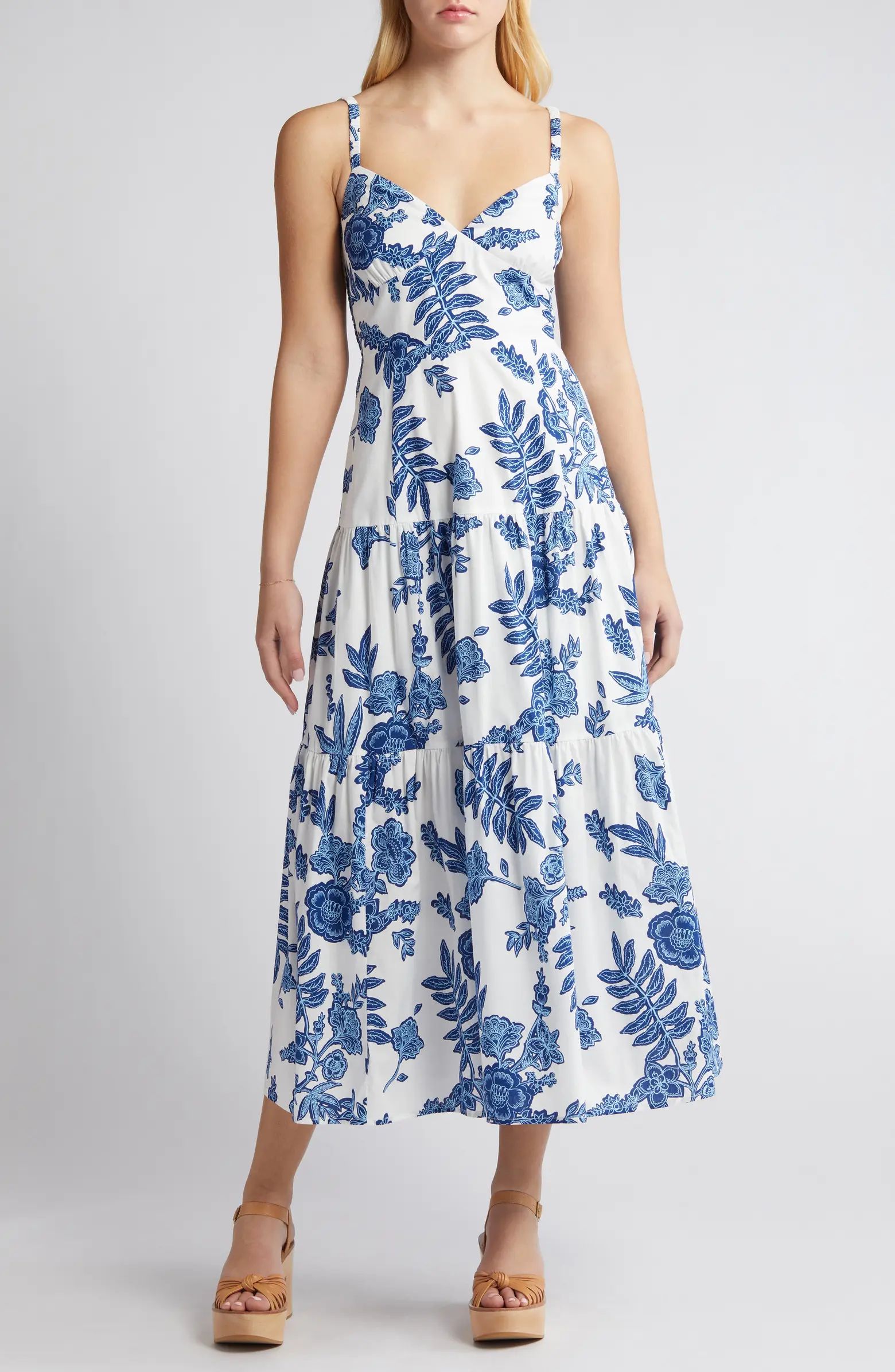 MOON RIVER Floral Tiered Cotton Midi Dress | Nordstrom | Nordstrom