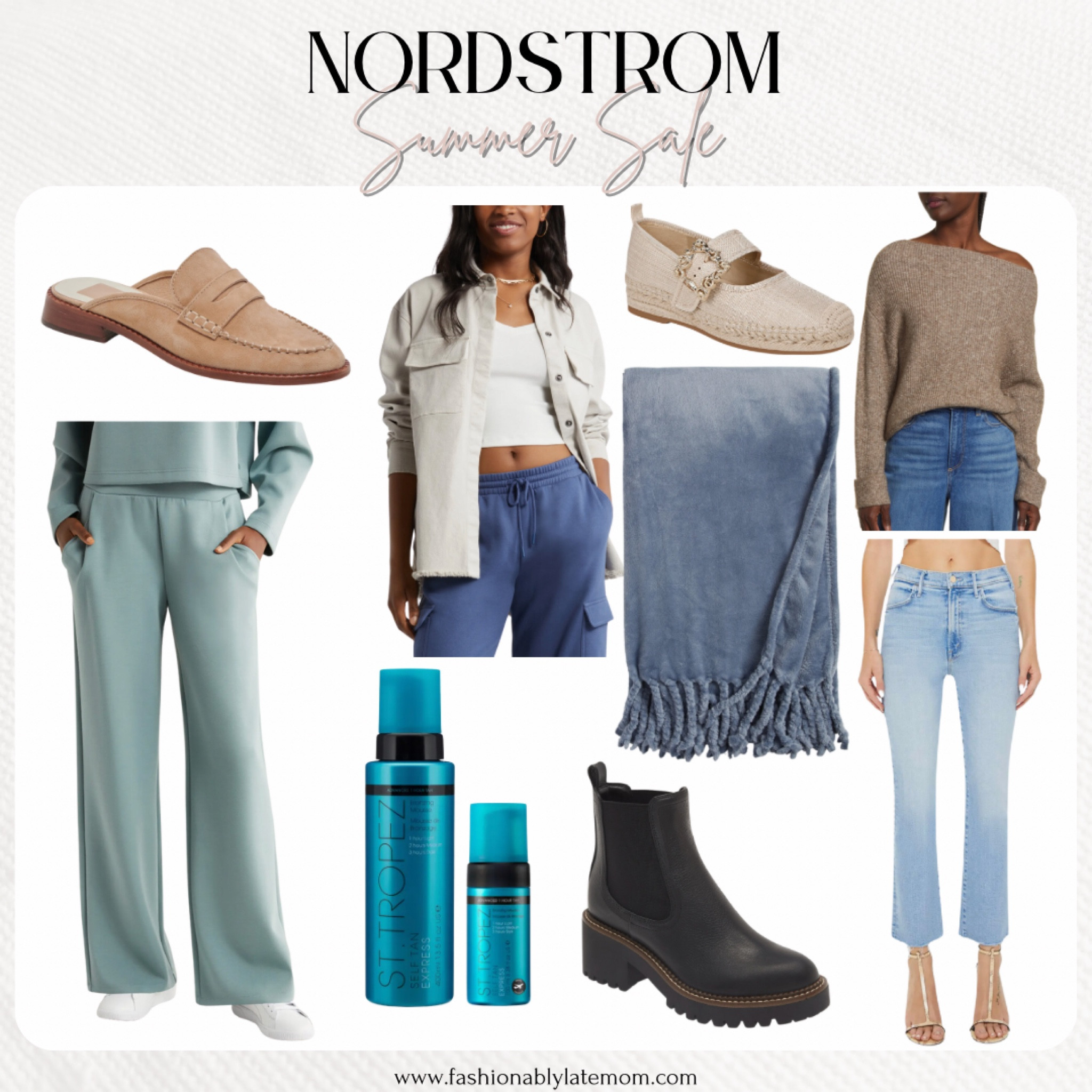 Lots of fall fashion finds during the Nordstrom Summer Sale 

Fashionably late mom
Zella joggers
Mules
Chelsea boots
Throw blanket
Shacket
Mother Jeans 
Straight leg jeans 