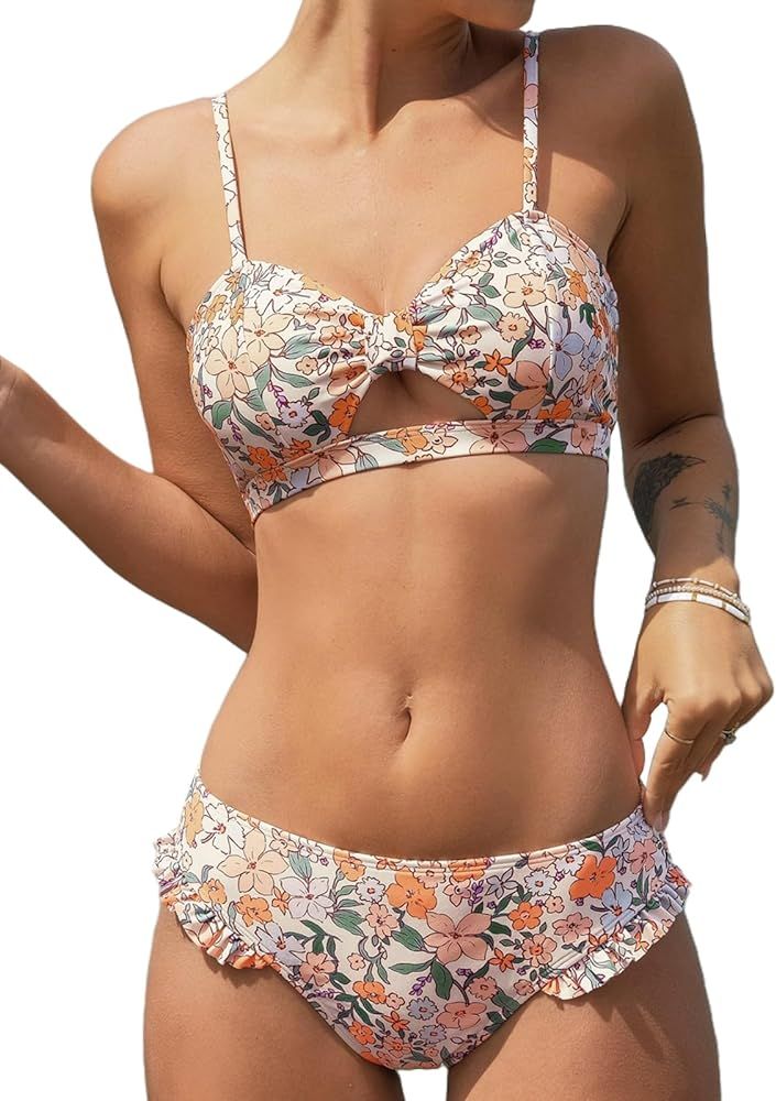 CUPSHE Women's Polka Dot Cutout Ruffles Back Hook Closure Bikini Sets | Amazon (US)