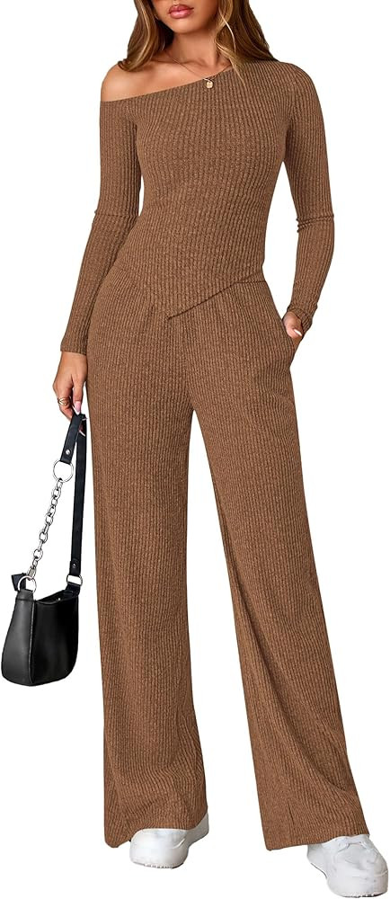 PRETTYGARDEN Casual Two Piece Sets for Women Fall Outfits 2025 Asymmetrical Off Shoulder Tops Wid... | Amazon (US)