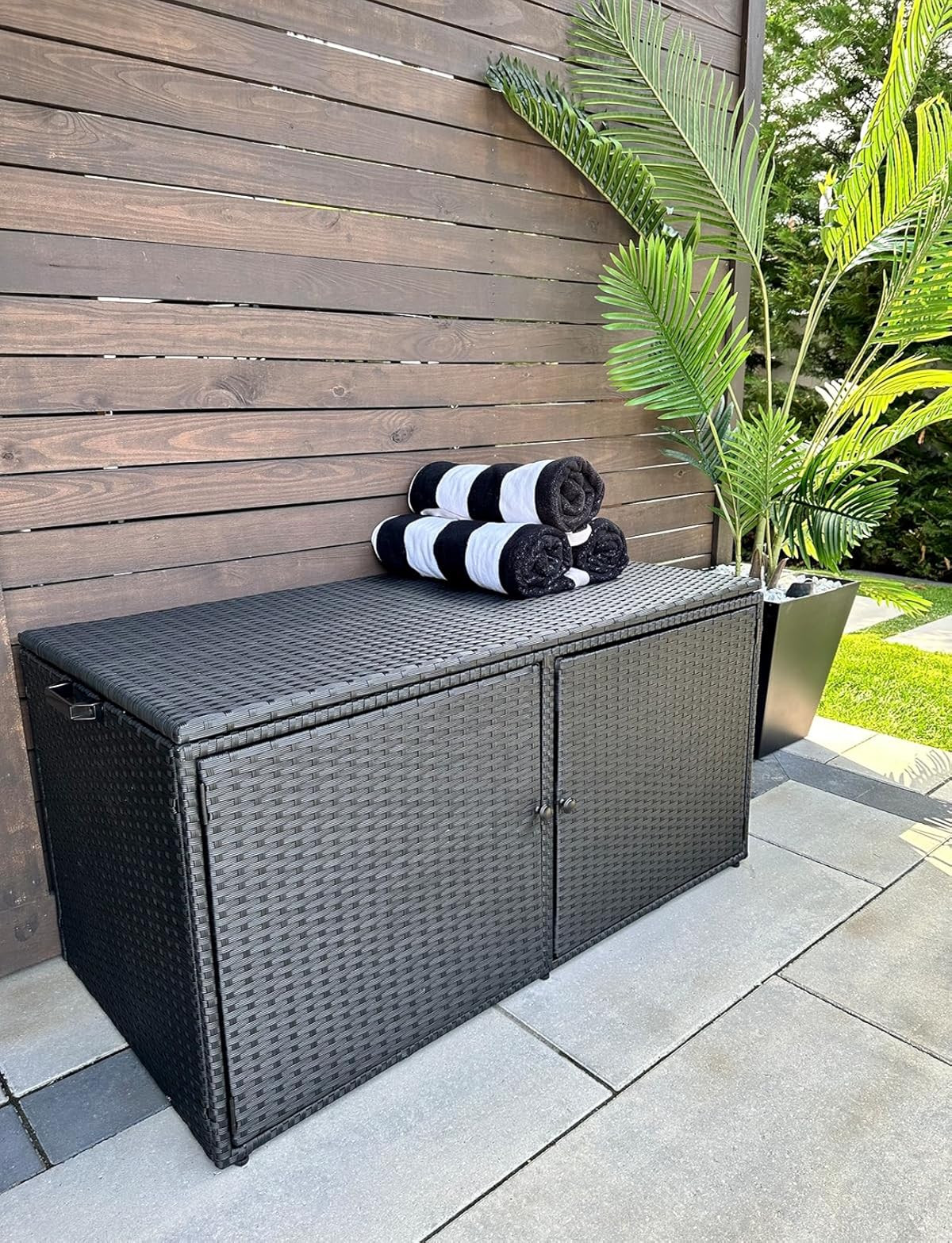 Large Rattan Deck Box Double Openable Door with Lid and Separate Storage Shelf for Patio, cabana stripe black white pool beach towel, black white stripe fleece throw blanket, outdoor areca palm trees, landscape uplighting, solar lights | Amazon (US)