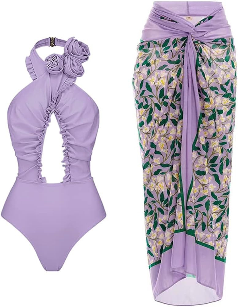 IDOPIP Women's One Piece Swimsuit with Beach Cover up Wrap Skirt Sarong Halter Floral Print Bikin... | Amazon (US)