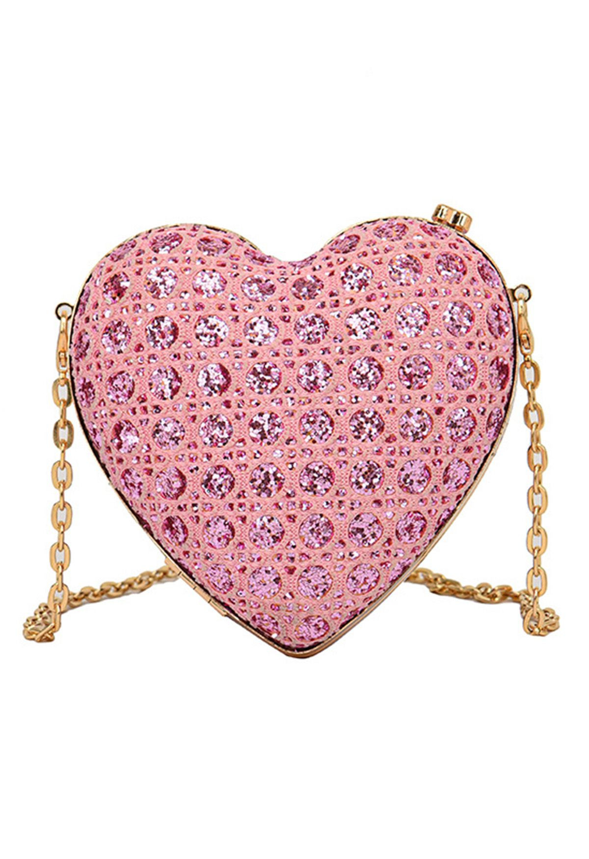 Full Sequin Glittering Heart Clutch in Pink | Chicwish