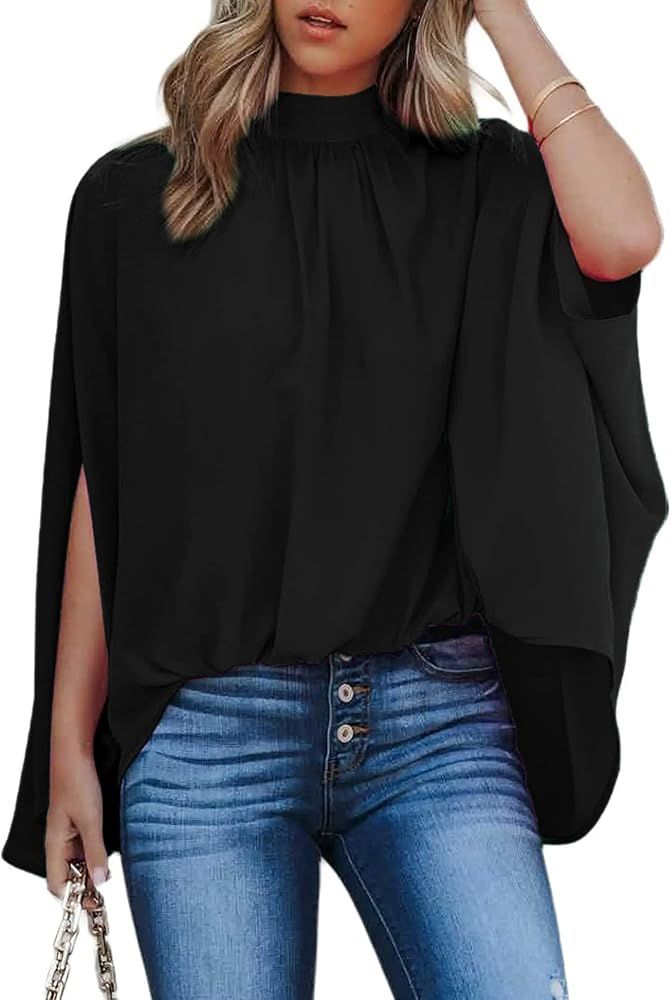 Women's Batwing Sleeve Chiffon Blouse Mock Neck Cape Blouse Shirt Top | Amazon (US)