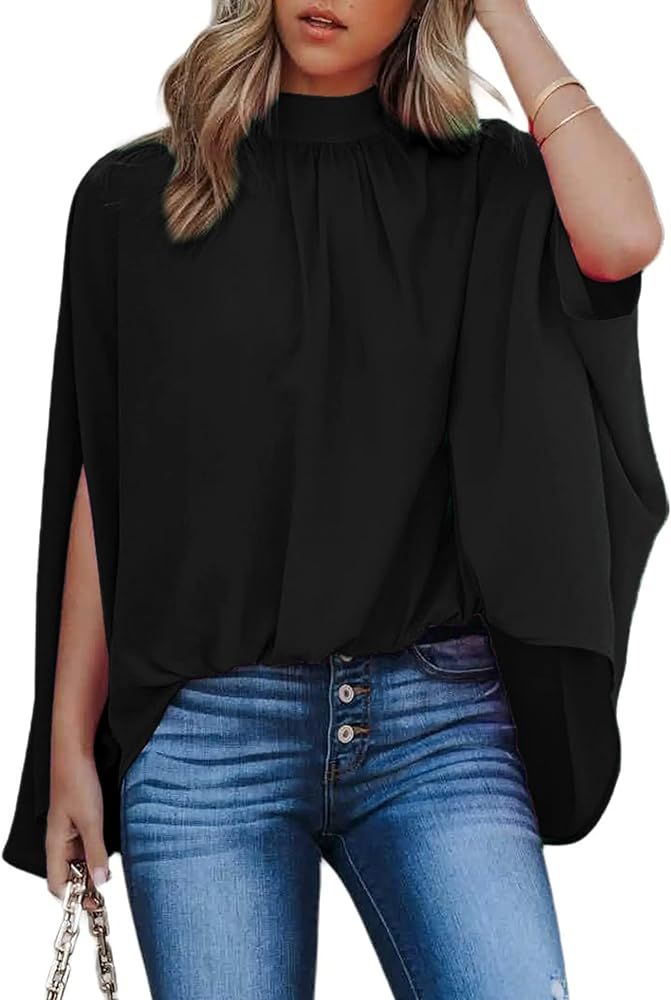 Women's Batwing Sleeve Chiffon Blouse Mock Neck Cape Blouse Shirt Top | Amazon (US)