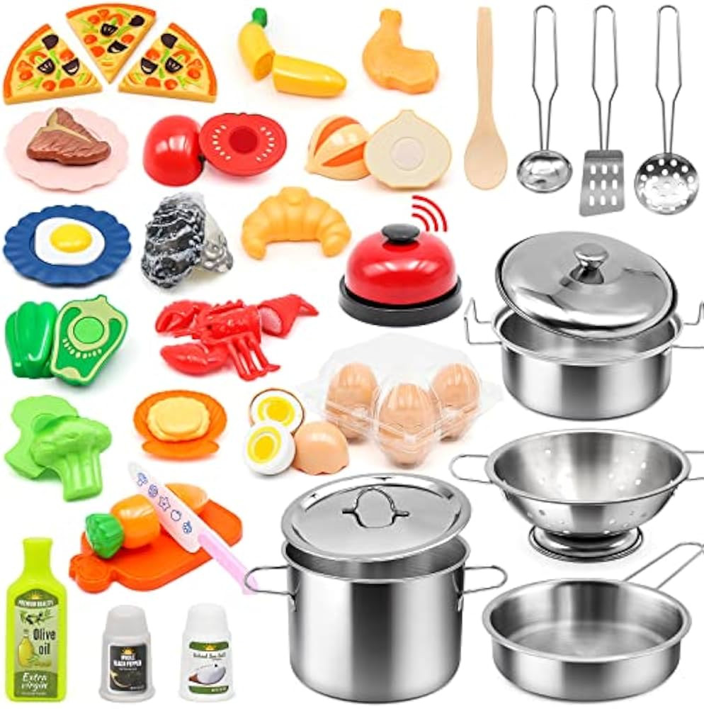 Kids Pretend Play Kitchen Accessories Set, 38Pcs Stainless Steel Play Pots Pans Sets for Kids, To... | Amazon (US)