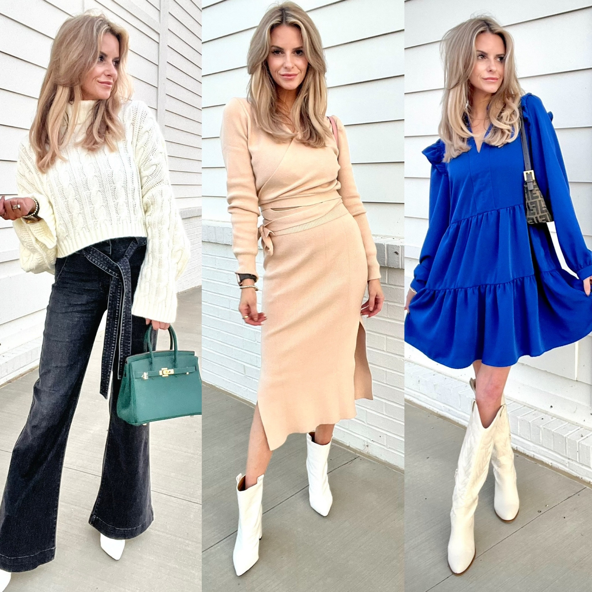 Amazon Fall Outfit ideas! From left to right: chunky cropped sweater turtle neck; two piece knit skirt set with cropped top that ties at waist; Right: adorable swing dress with ruffle sleeves

#LTKHoliday #LTKSeasonal #LTKstyletip