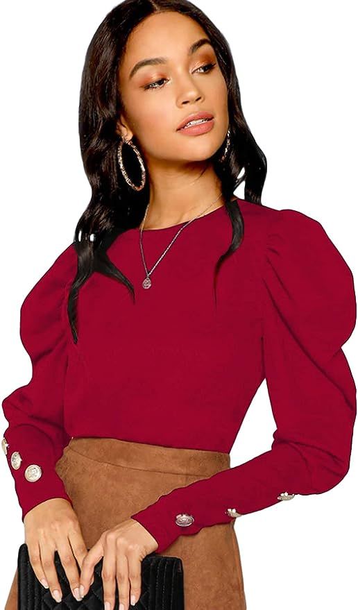 Milumia Women Puff Sleeve Button Round Neck Long Sleeve Tee Pullovers Tops | Amazon (US)