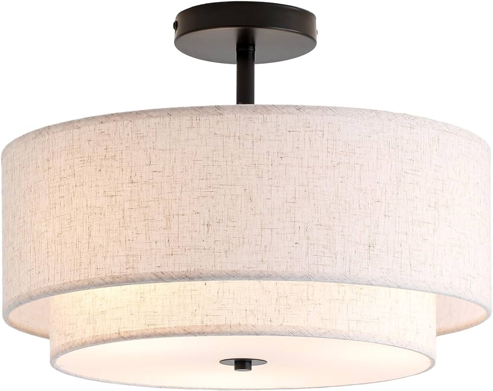 16" Double Drum 3-Light Semi Flush Mount Ceiling Light, Classic Fabric Linen Shade Design for Liv... | Amazon (US)