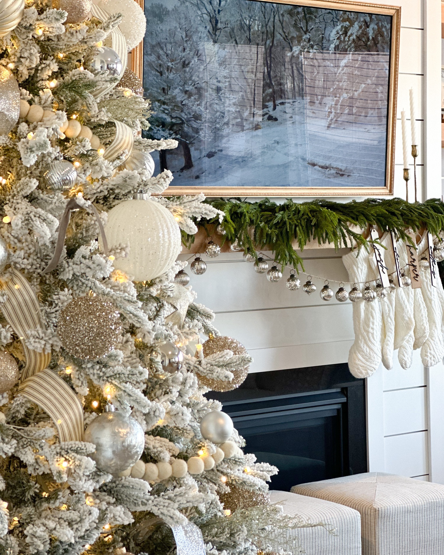 Christmas decor, flocked tree, Christmas ornaments, holiday mantle, Christmas mantle, Christmas garland, Norfolk pine, mercury glass ornaments, stockings 

#LTKSeasonal #LTKHoliday