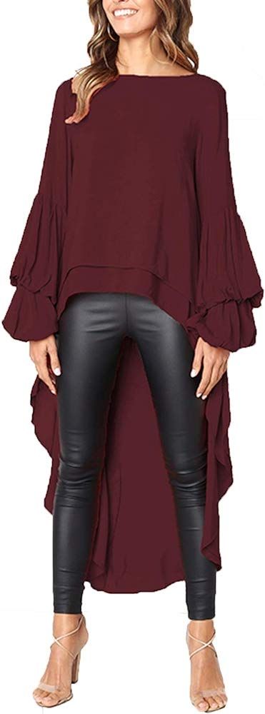 Women's Lantern Long Sleeve Round Neck High Low Asymmetrical Irregular Hem Casual Tops Blouse Shi... | Amazon (US)