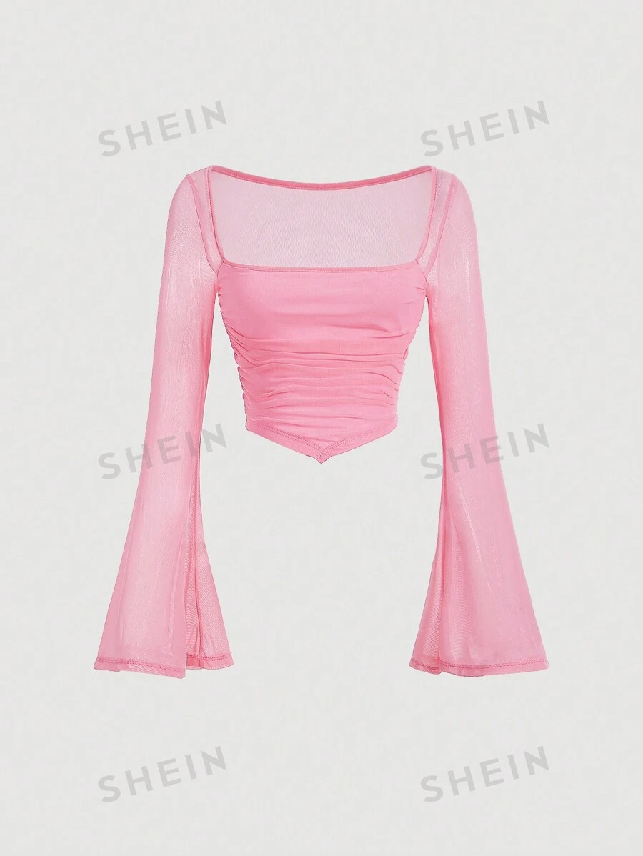 SHEIN MOD Romantic Pink Spring Break Square Neck Trumpet Sleeve Ruched Hanky Hem Tee | SHEIN