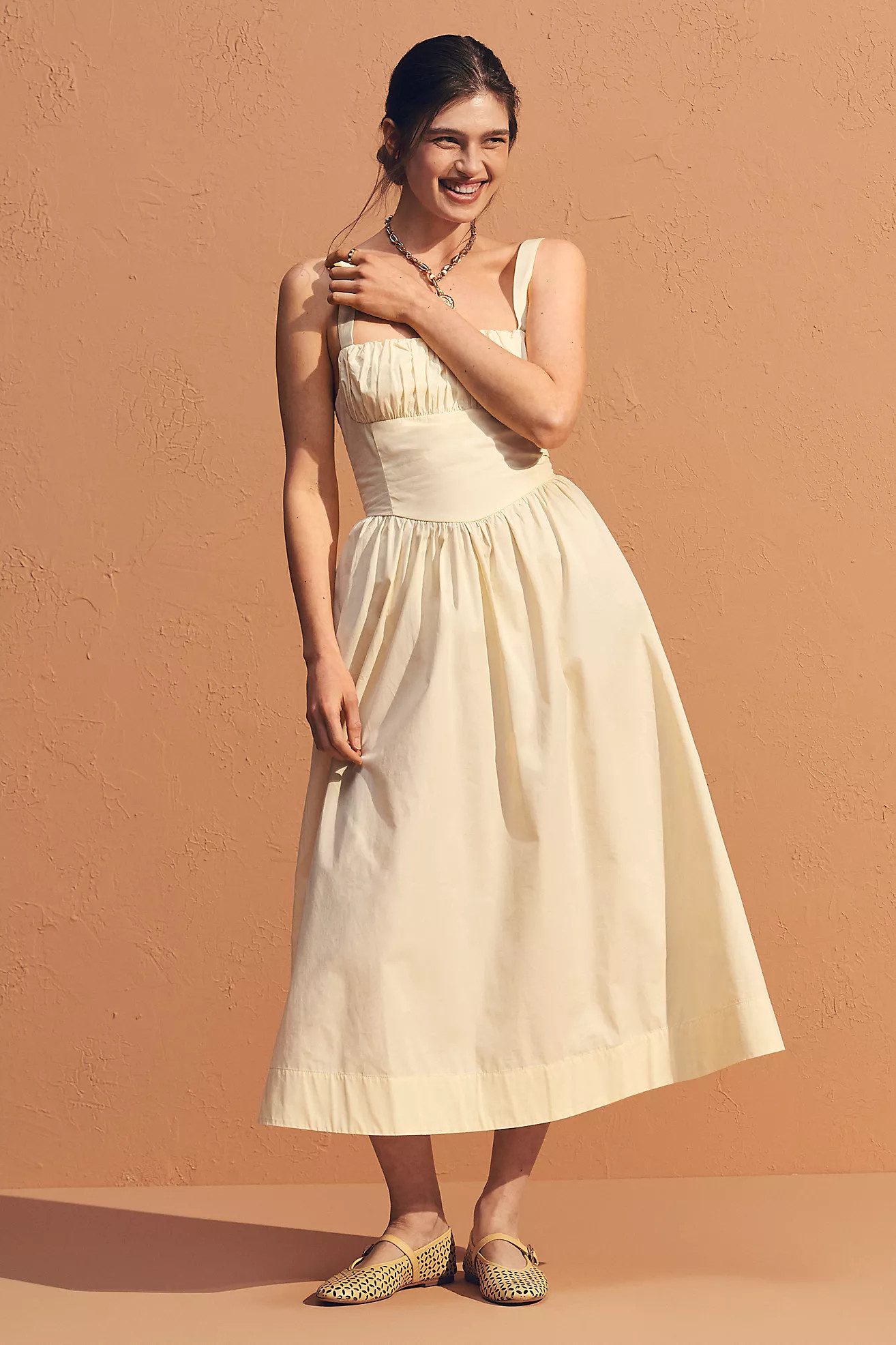 By Anthropologie Drop-Waist Ruched Midi Dress | Anthropologie (US)