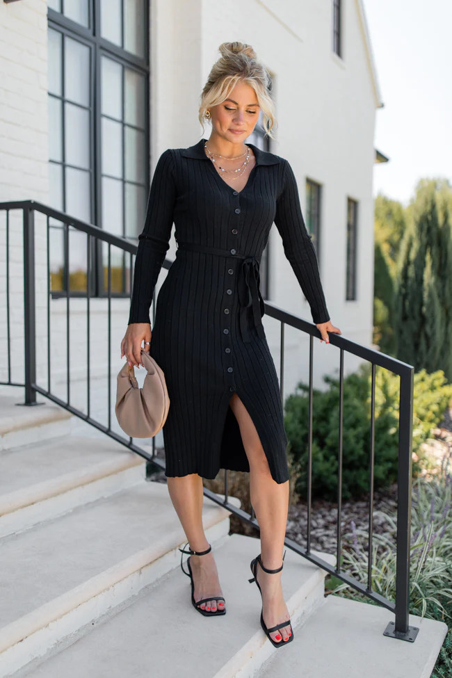 Simple Style Black Button Detail Ribbed Midi Dress | Pink Lily