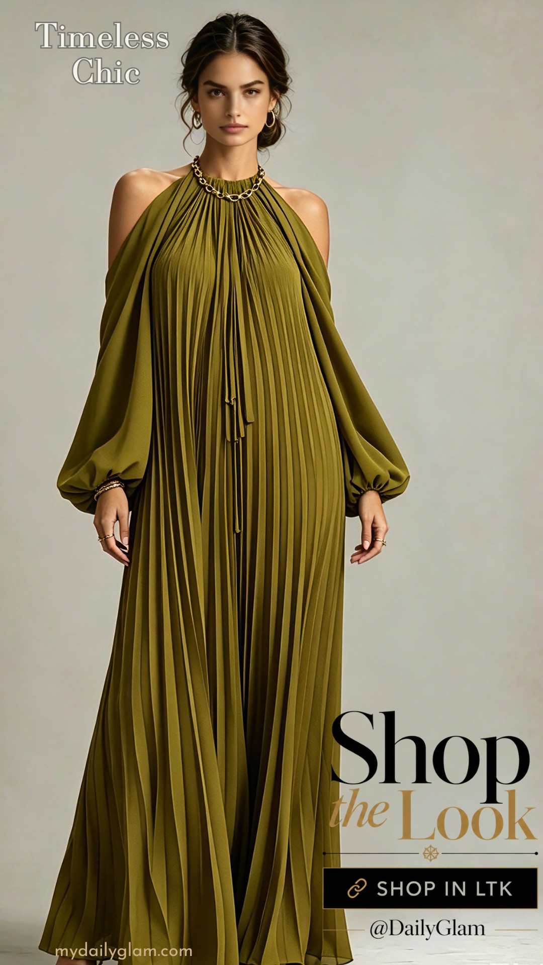 Relaxed Pleated Luxury Wedding Guest Dress
#PleatedMaxiDress #ColdShoulderGown #OldMoneyFashion #OliveGreenDress #FormalEveningOutfit 

 #LTKootd #LTKOver40 #LTKWedding