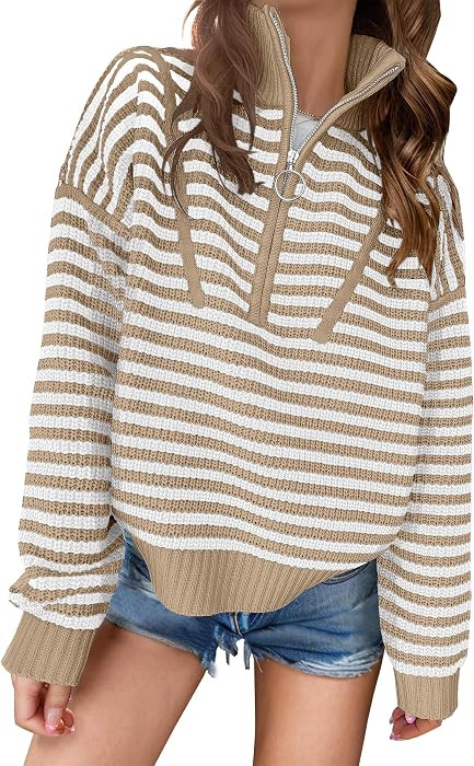 ANRABESS Womens Striped Quarter Zip Fall Sweater Tops     Cute Long Sleeve Ribbed Knit Collared P... | Amazon (US)