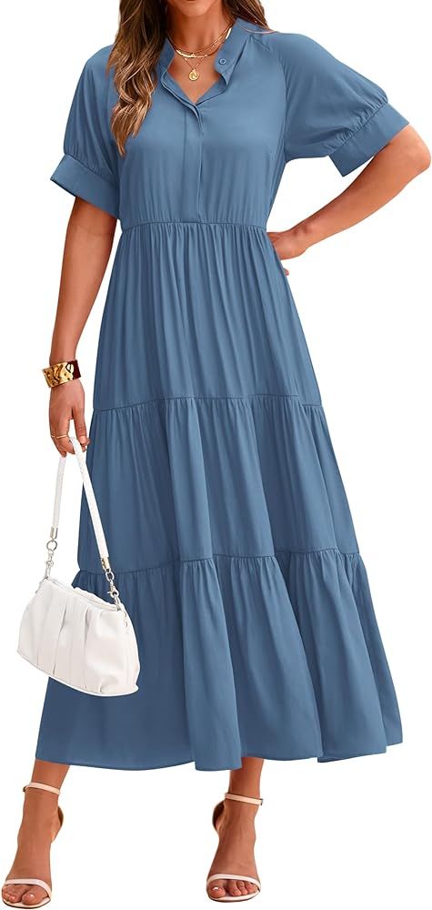 dowerme Women's Summer Dresses 2024 Casual Short Sleeve Button Loose Fit Pleated Boho Flowy Swing... | Amazon (US)