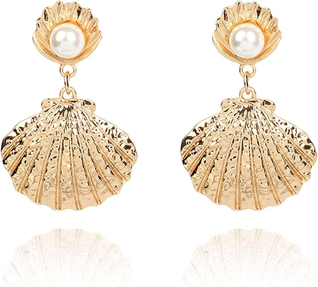 Shell Earrings for Women Pearl Earrings for Women Sea Shell Earrings Gold Silver Scallop Pearl Dr... | Amazon (US)