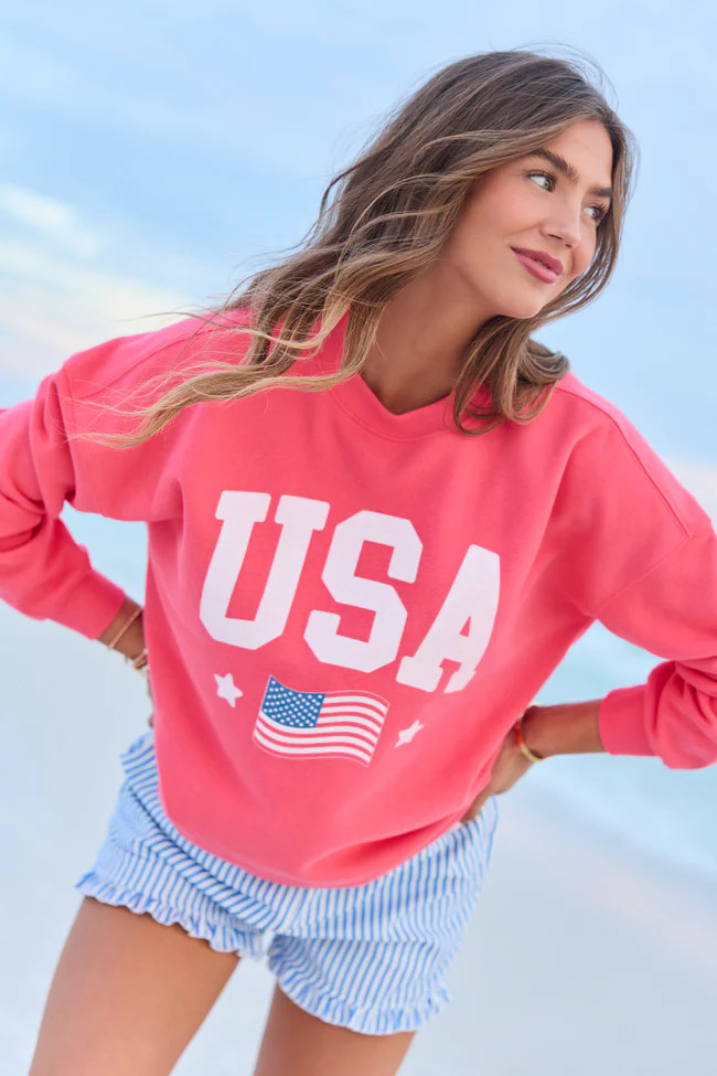 Athletic USA Flag Light Red Graphic Sweatshirt DOORBUSTER | Pink Lily