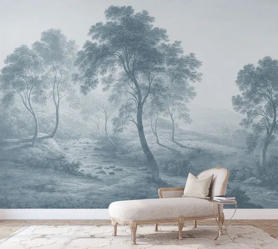 Blue Vintage landscape wallpaper Removable peel-and-stick Scenic painting mural, Village, trees C... | Etsy (US)
