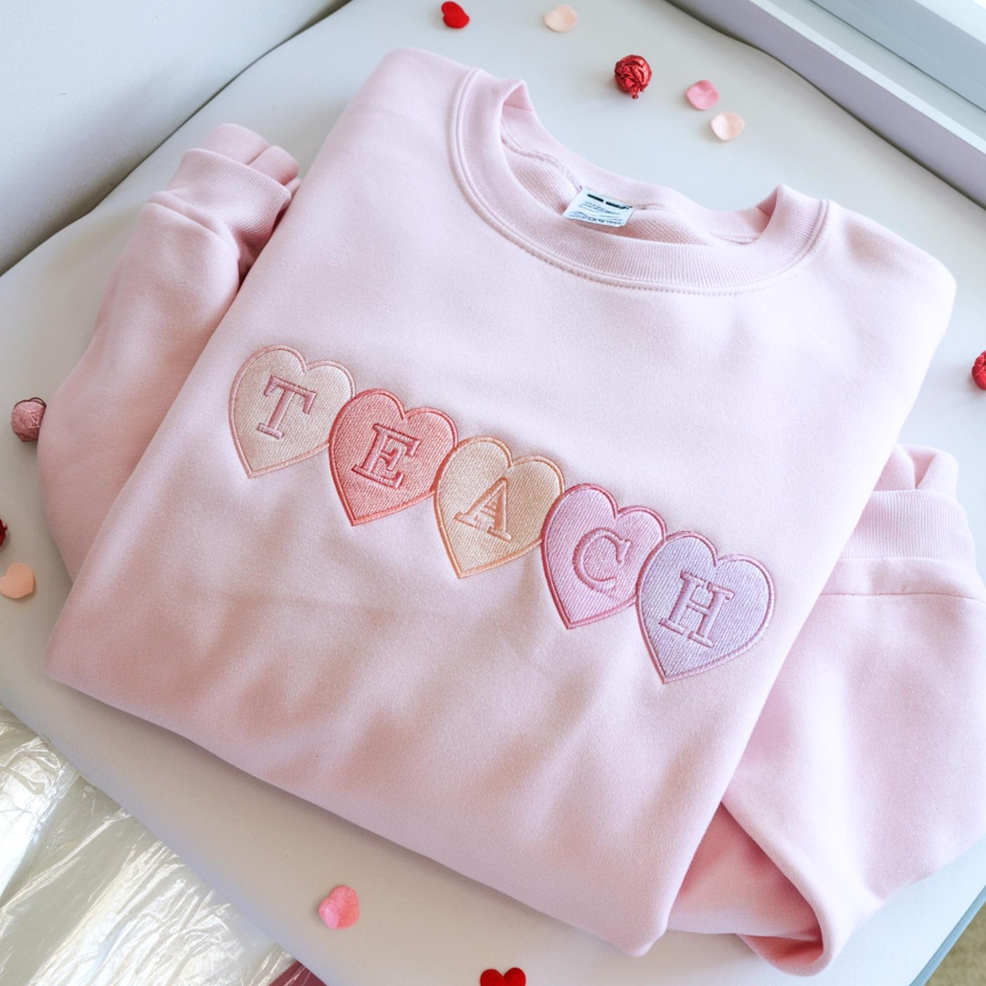 Valentine Teacher Embroidered Heart Sweatshirt, Elementary School Crewneck | Etsy (US)
