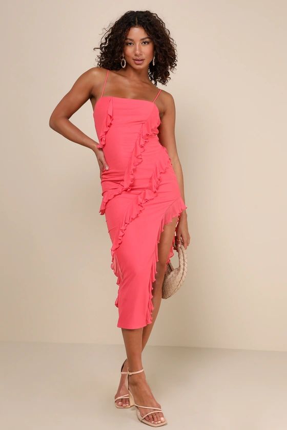 Exclusive Perfection Coral Pink Mesh Ruffled Midi Dress | Lulus