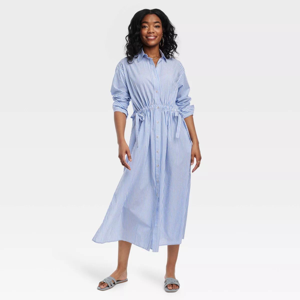 Women's Long Sleeve Cinch Waist Maxi Shirtdress - Universal Thread™ Blue Striped L | Target